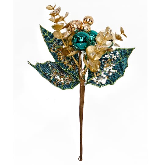 10" Christmas Blue Glittered Ball & Leaves Picks, 6ct.